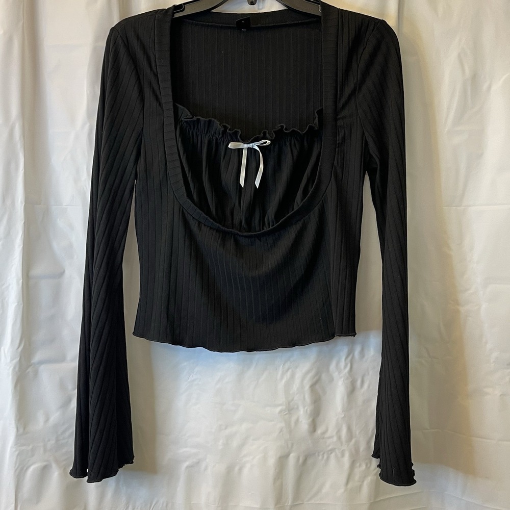 Women Sz L Long Flared Sleeve Square Neckline Babydoll Coquette Ribbed Knit Top